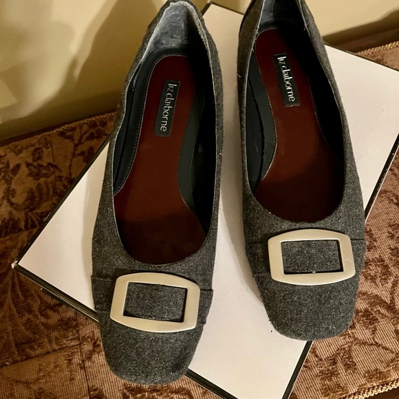 Liz Claiborne Rich Gray Wool Fabric Slip On with Brushed Silver Buckle accent - Picture 3 of 4